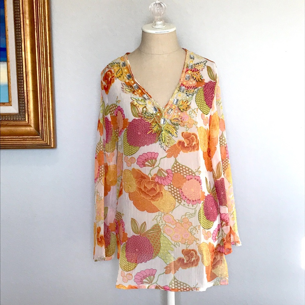 Raviya Multicolor Floral Sheer Tunic Coverup Sz S